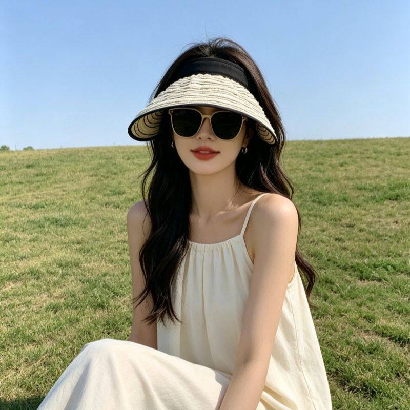 发箍式大檐条纹空顶防晒帽女新款夏季户外显脸小可折叠洋气遮阳帽