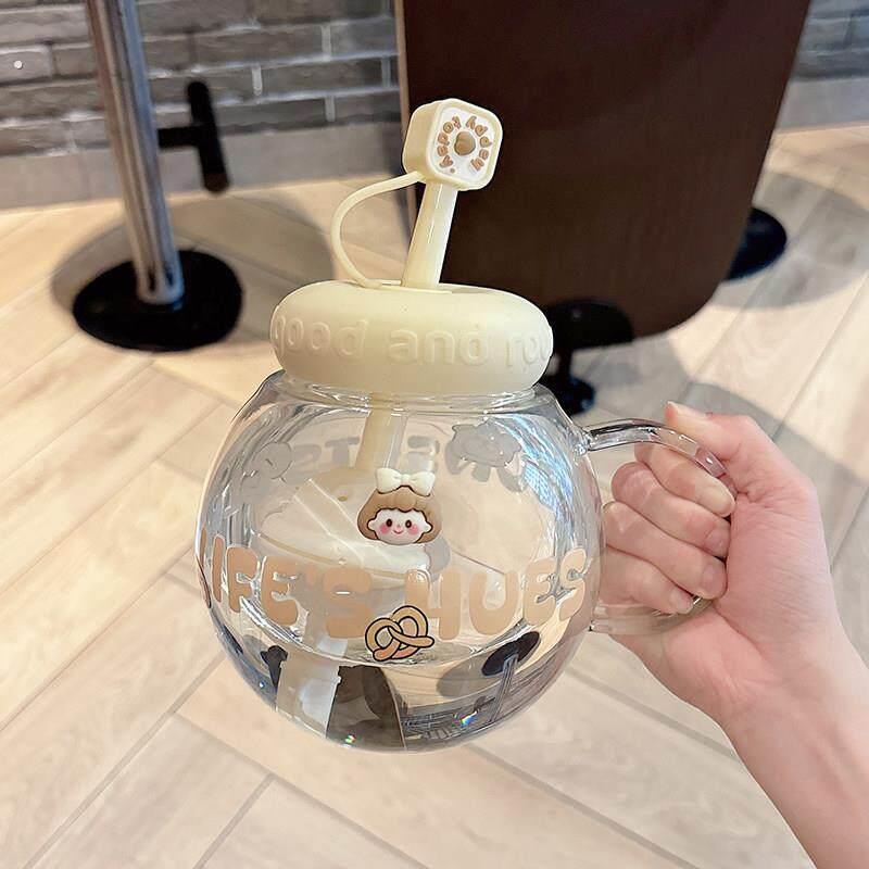 玻璃杯女高颜值生高硼硅大容量办公室泡茶杯带把手吸管杯2025新款图片