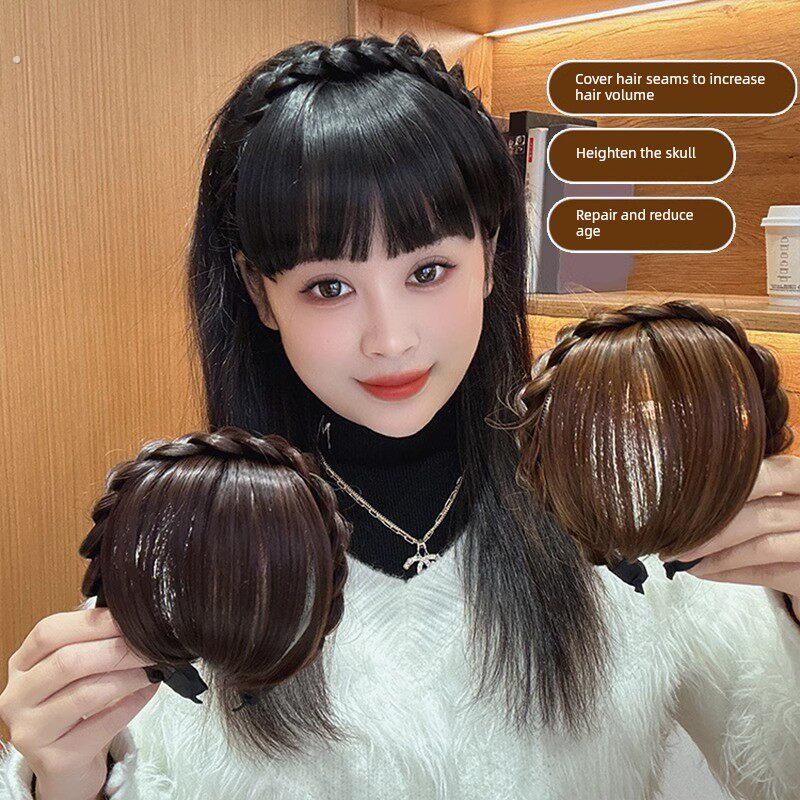 白头发遮盖神器假发女辫子刘海一体真发前额遮白发的发箍头顶头饰