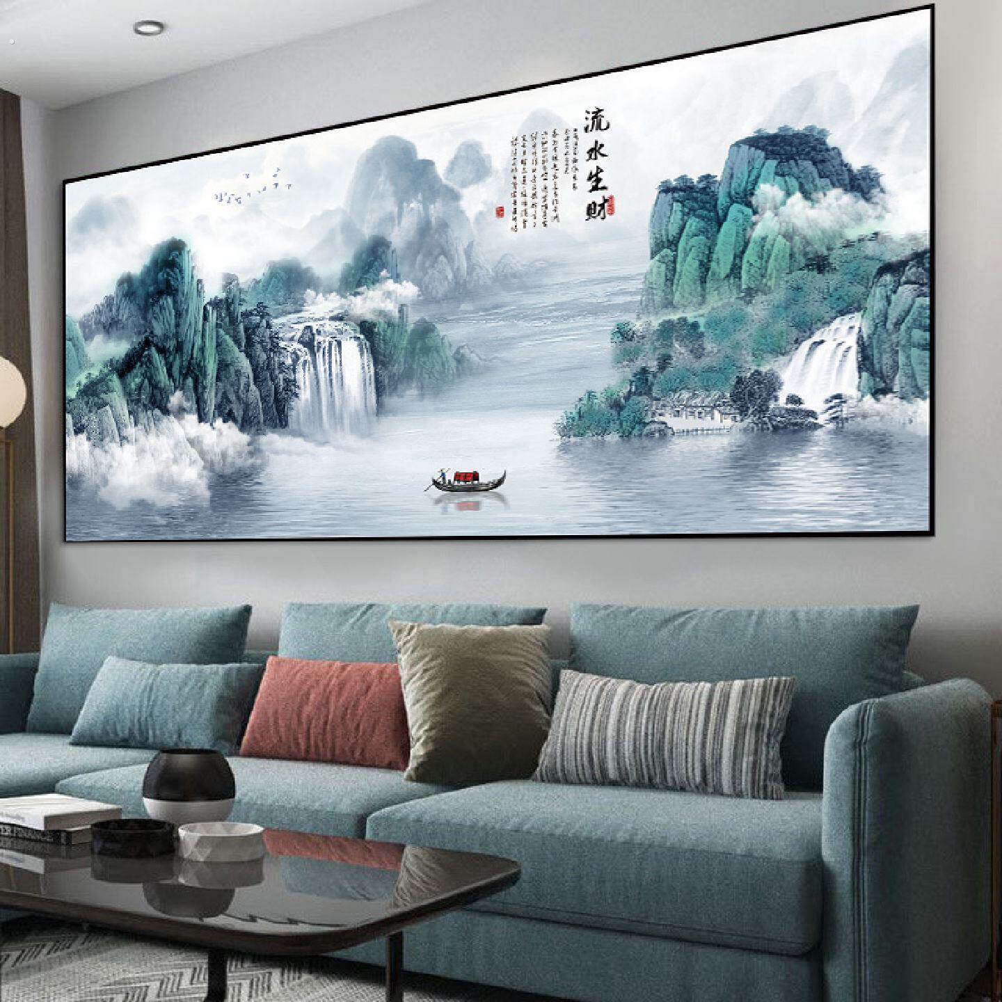流水生财山水画墙贴纸客厅自黏贴画装饰画办公室背景挂画风景壁画