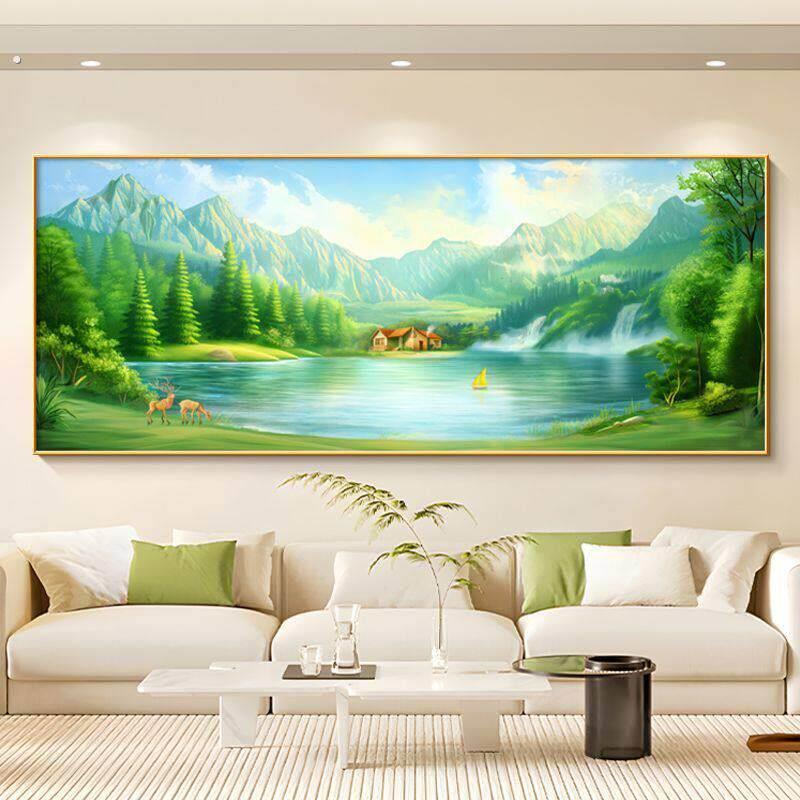 聚宝盆山水画现代简约客厅风景壁画茶室中堂高级感八方聚财装饰画
