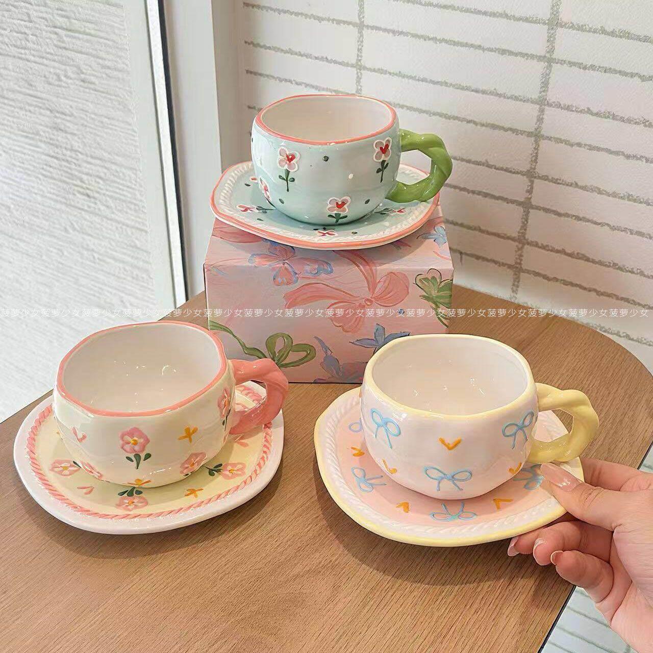 韩式少女心陶瓷咖啡杯碟小众清新家用办公室简约马克杯送女生礼物