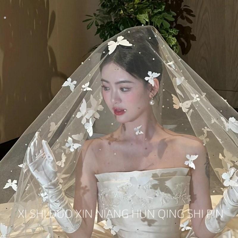 超仙白色蝴蝶结珍珠头纱长版拖尾森系主婚纱奢华超长照相馆摄影头