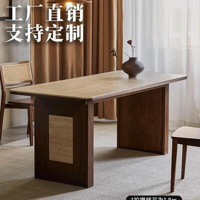 洞石餐桌法式中古风岩板胡桃木实木饭桌洽谈桌小众设计岩板餐桌