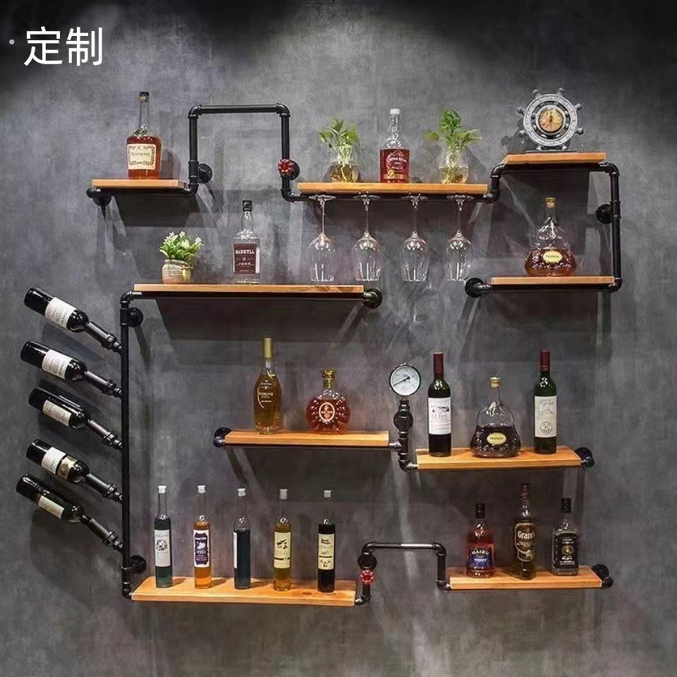 复古工业风酒吧铁艺墙上置物架壁挂红酒架摆件装饰创意酒柜实木架