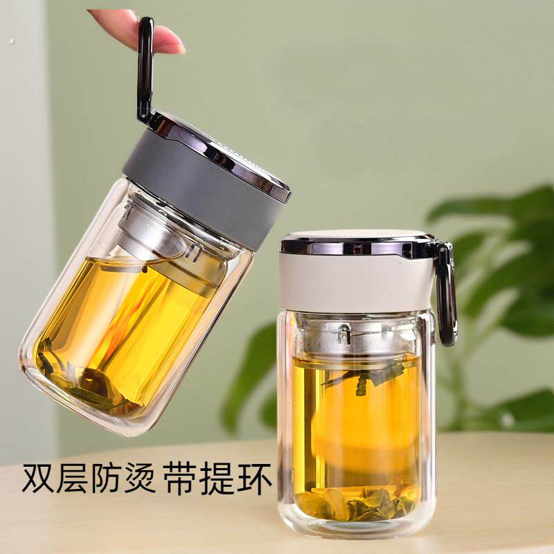 高颜值玻璃杯双层高硼硅杯子男耐高温带盖子胖胖杯茶水分离泡茶水