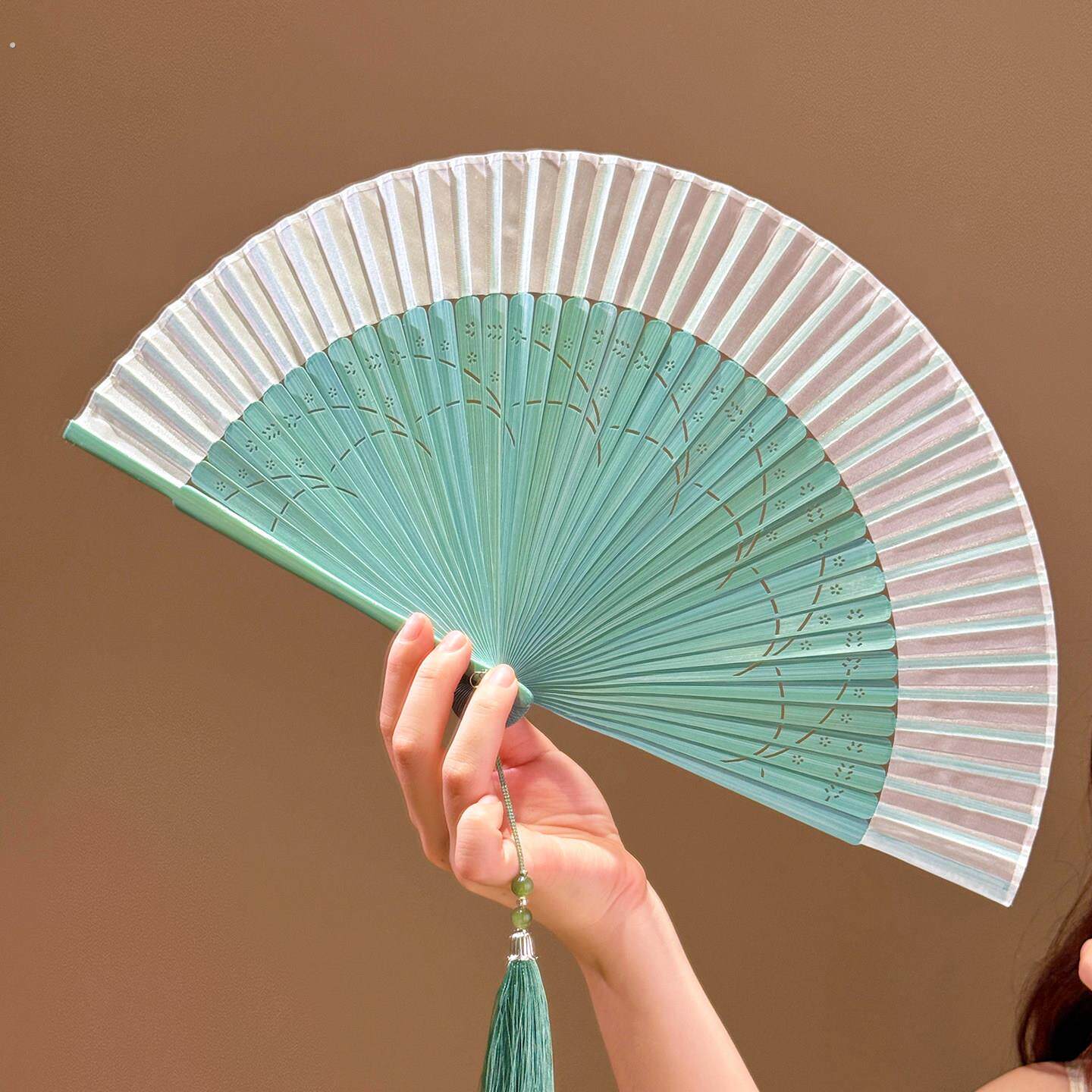 咏春舞蹈扇子夏天便携古风绿色折扇女随身扇汉服旗袍新中式手摇扇