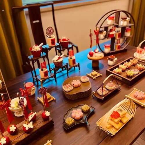 中式甜品台展示架订婚婚礼茶歇摆台托盘博古架婚庆装饰茶歇蛋糕台