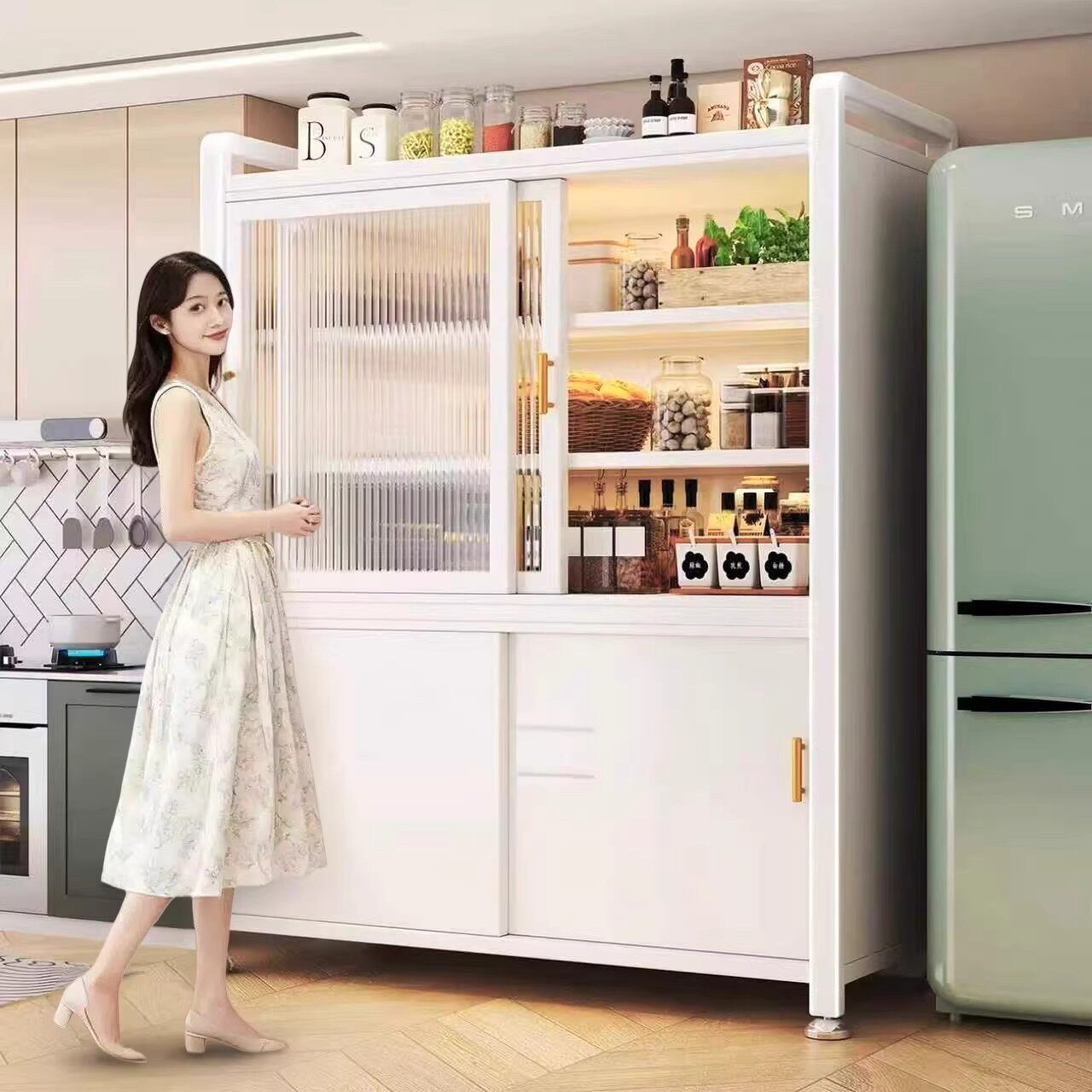拉门锅碗整体橱柜收纳柜落地家用防尘餐边多层厨房多功能储物置物