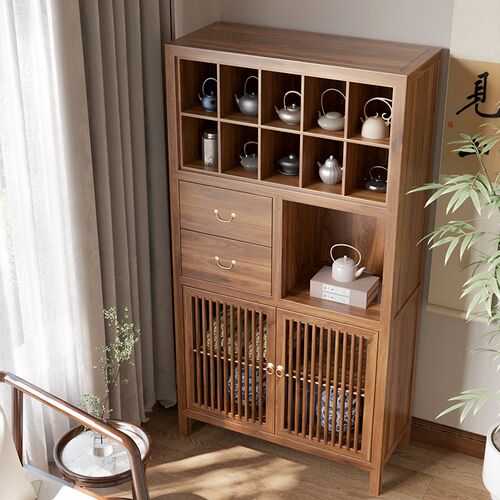 新中式实木博古架书架黑胡桃木色书柜茶具展示架茶室茶架子多宝阁