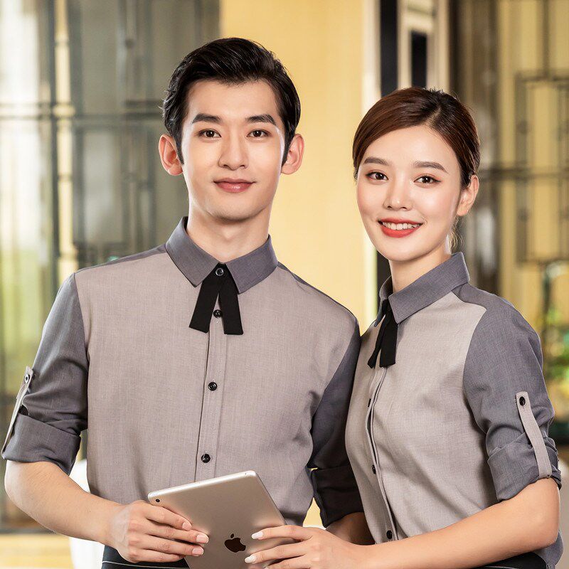 饭店火锅西餐厅工作服长袖灰色衬衣女奶茶蛋糕咖啡服务员春秋定制