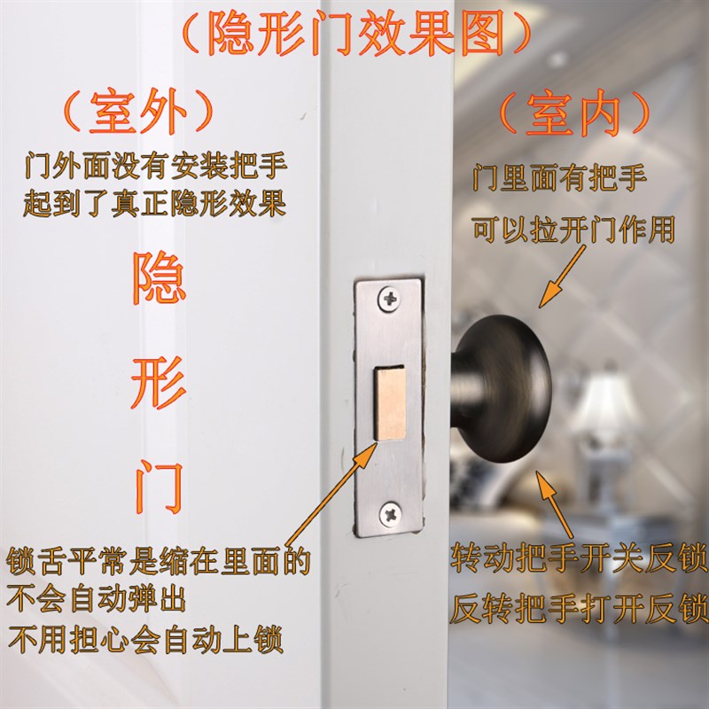 黑色隐形门锁电视背景门单面暗锁室内金色圆球形锁美式田园门把手
