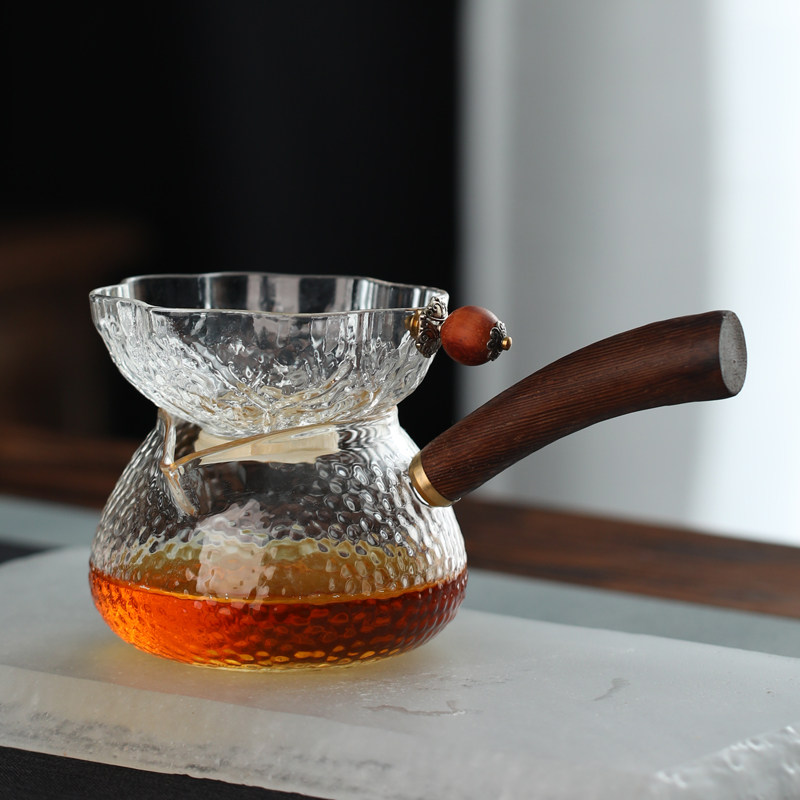 侧把玻璃公道杯茶漏一体锤纹木把公杯茶滤套装日式加厚分茶器茶具