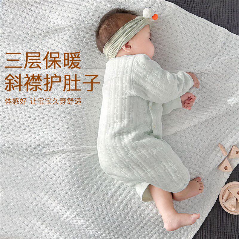 婴儿睡衣夹棉无骨春秋季儿童防踢被斜襟扣睡袋宝宝睡袍连体家居服