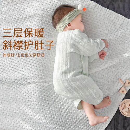 婴儿睡衣夹棉无骨春秋季儿童防踢被斜襟扣睡袋宝宝睡袍连体家居服