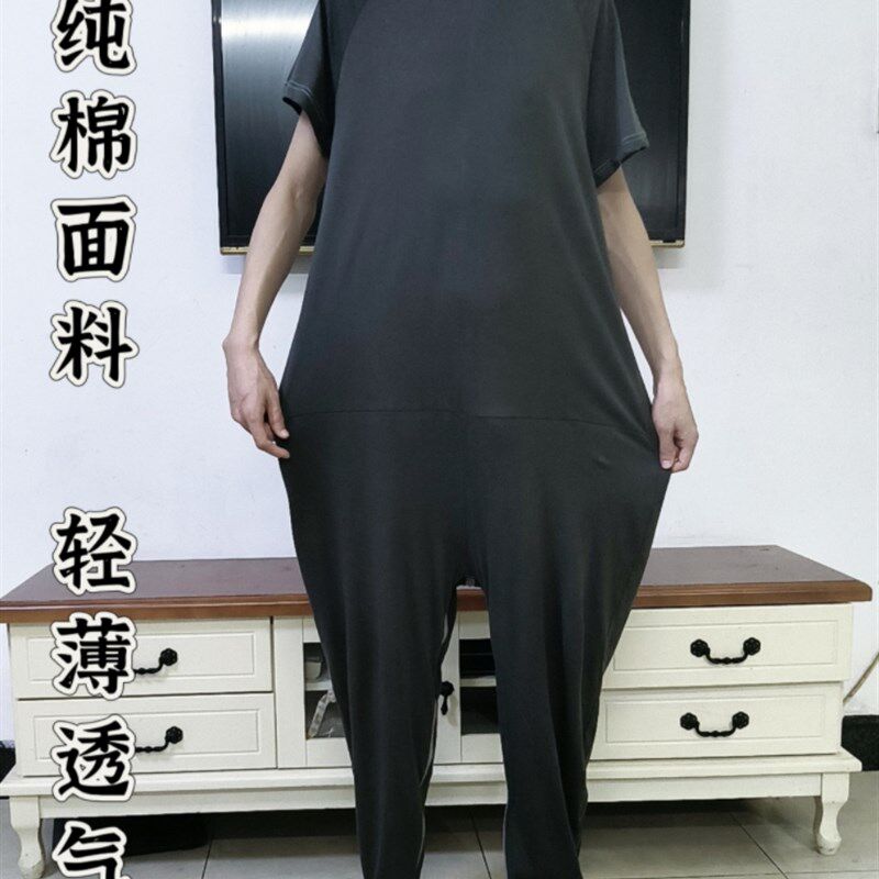 2414深灰色短袖长裤老年人卧床连体服失能老人连体裤后背裤腿拉锁