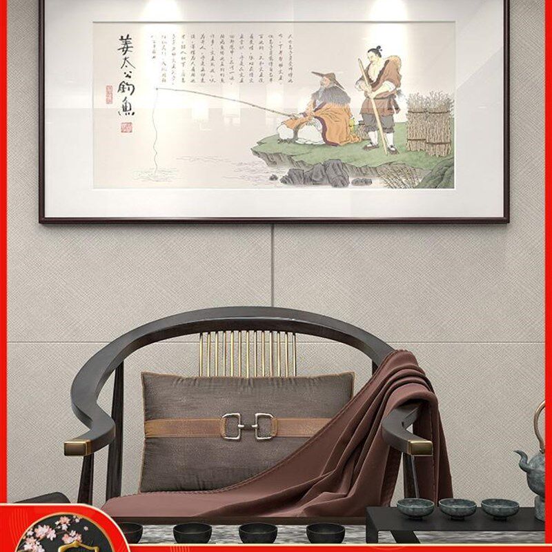 网红姜太公钓鱼茶室挂画春江坐画钓图装饰画佛禅系意墙办公室壁画