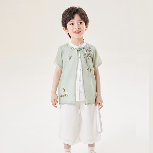 国风男童夏装新中式儿童汉服短袖套装宝宝唐装薄款男孩古装两件套