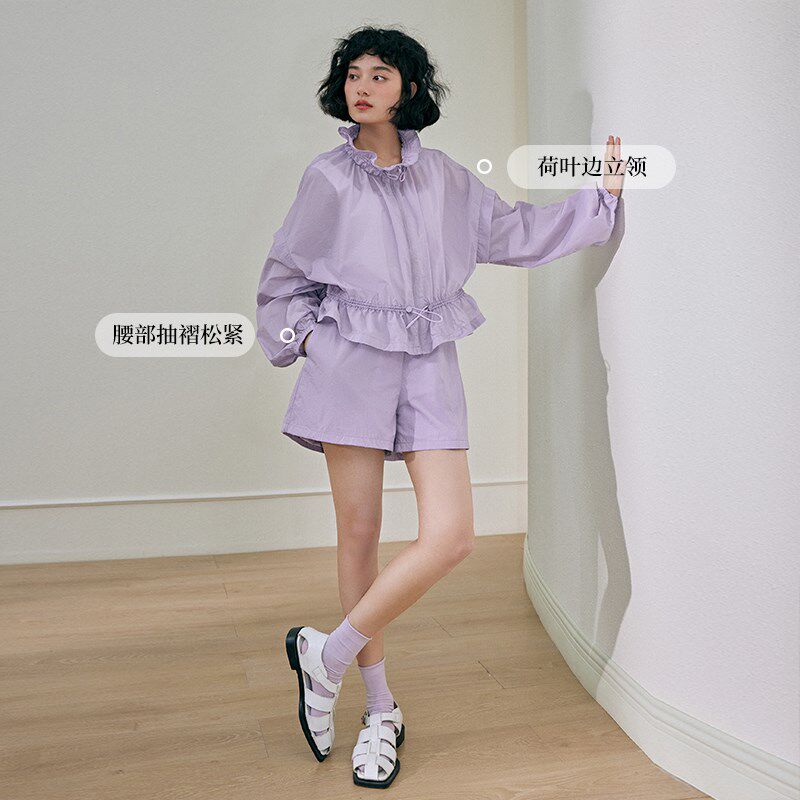 PIT复古紫色抽绳两件套短裤长袖衬衫外套女夏季新款时尚套装