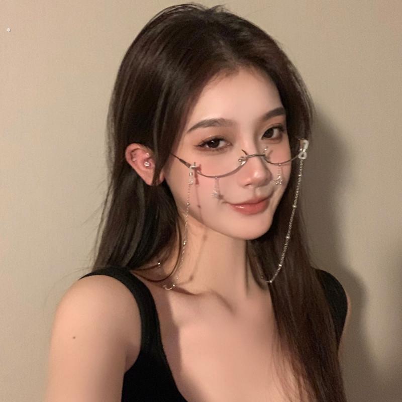 纯欲风网红眼镜框下半框眼镜女无镜片装饰带链条拍照道具流苏挂链