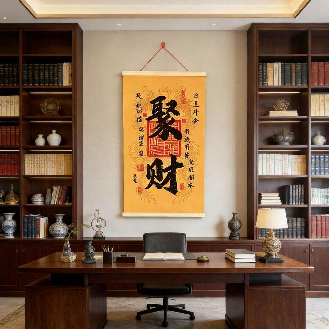 新中式聚财书法字画挂画 客厅玄关办公室墙面装饰画 中式书房背景