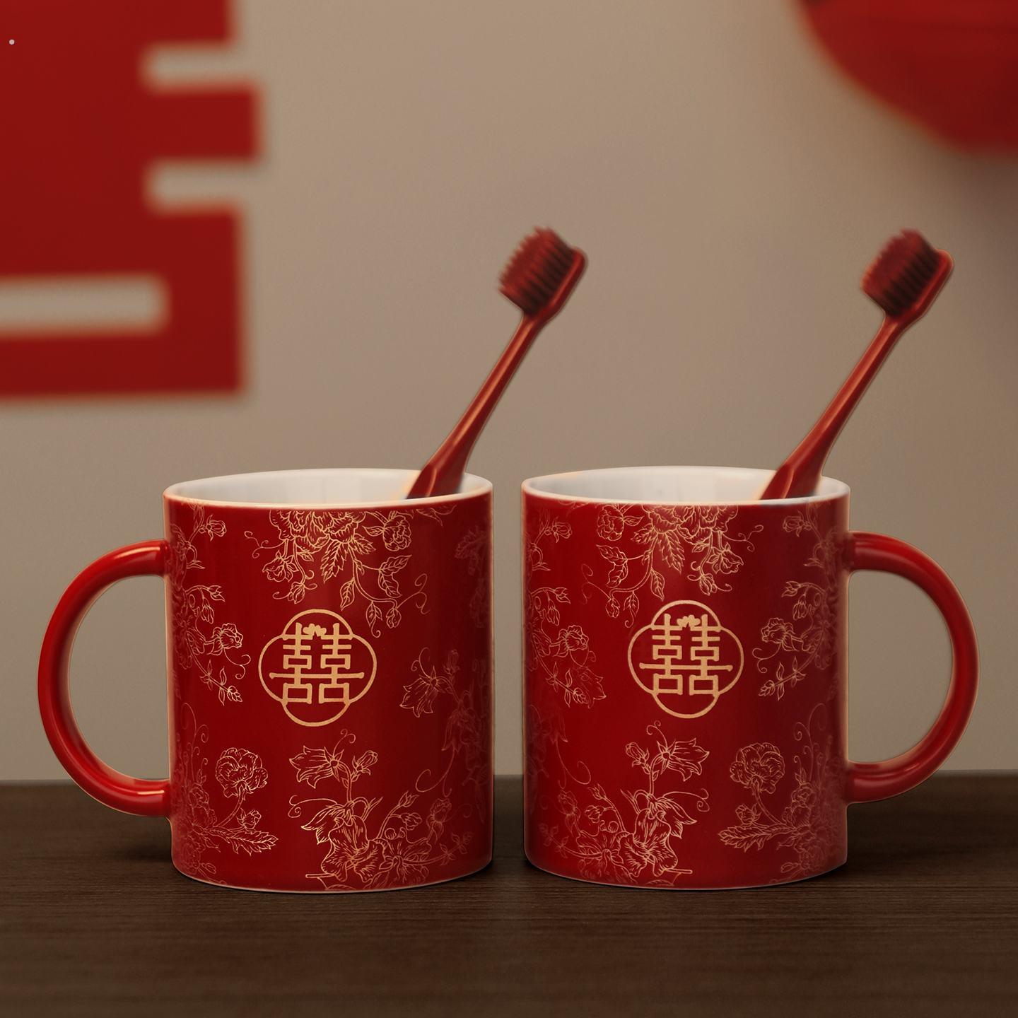 结婚洗漱杯套装女方陪嫁喜杯婚礼新婚情侣红色陶瓷口杯牙杯子一对