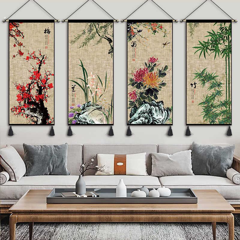 中式梅兰竹菊挂画布艺餐厅画过茶室布民宿挂毯休息室道装饰画