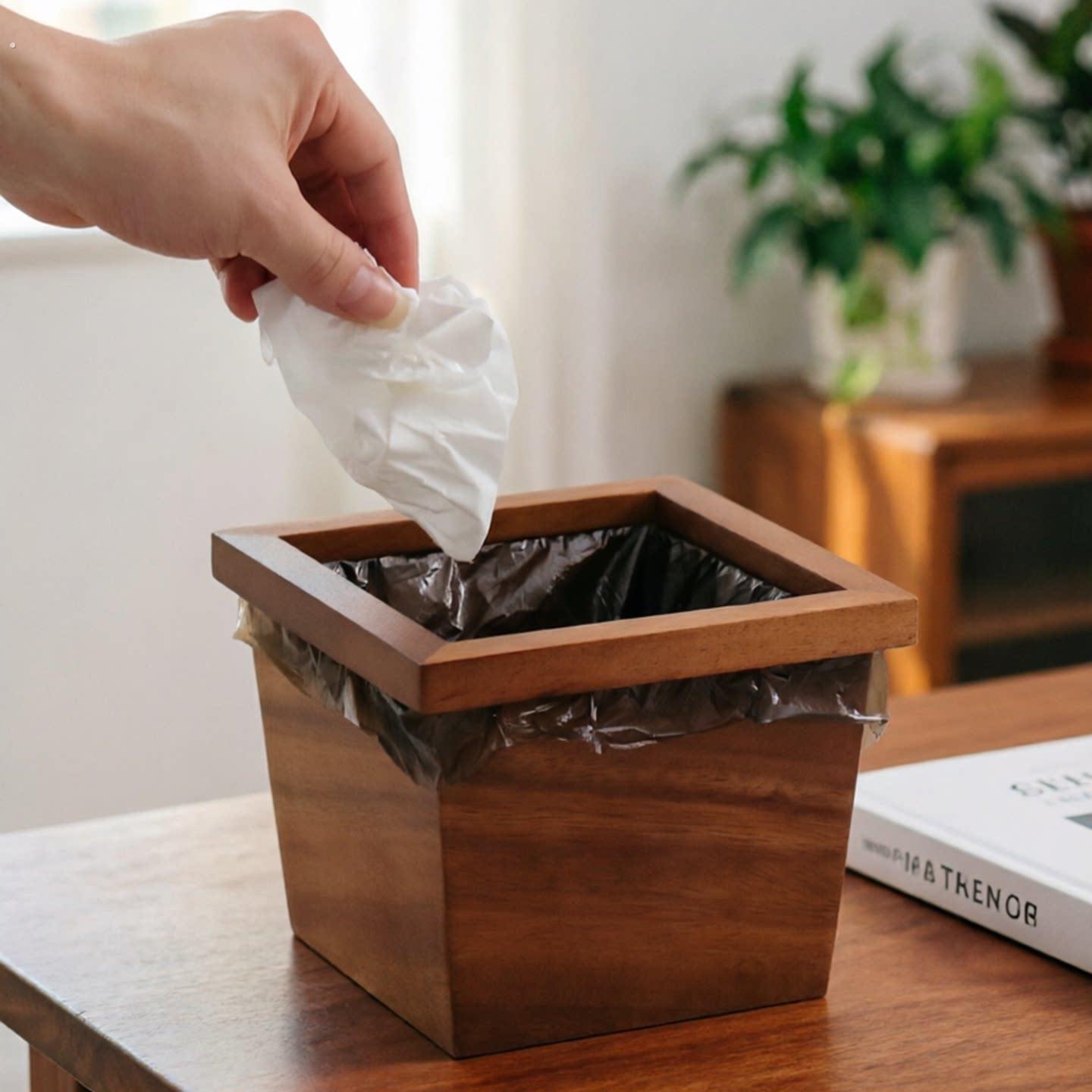 胡桃木桌面垃圾桶新中式轻奢实木收纳桶办公室书桌茶几小号废纸篓