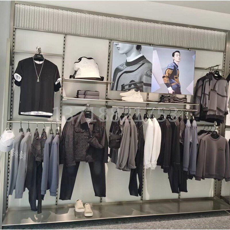 不锈钢男装店展示架带灯上墙衣架靠墙陈列架自由组合双层展柜落地