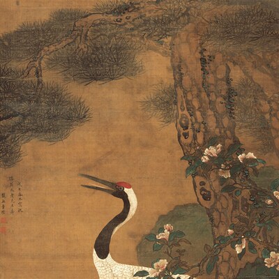 明 童垲 松鹤延年图高清国画花鸟高清微喷复制贺寿送礼家用卷轴画