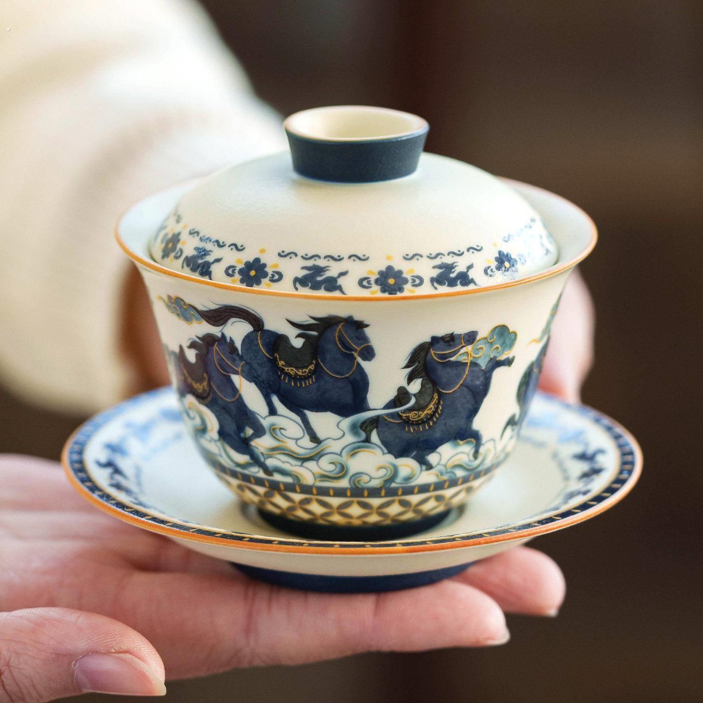 祥云八骏图陶瓷三才盖碗单个高档泡茶碗带盖茶杯茶盅马年功夫茶具