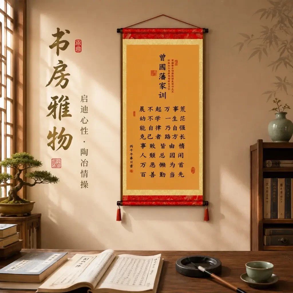 新版曾国藩家训卷轴挂画新中式励志书法宋锦流苏款装饰画客厅玄关