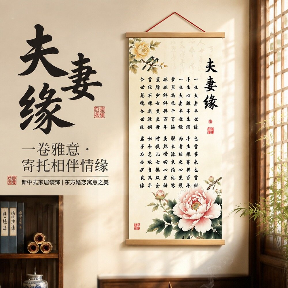 夫妻缘挂画新中式书法卷轴画客厅卧室家庭和睦语录牡丹布艺装饰画