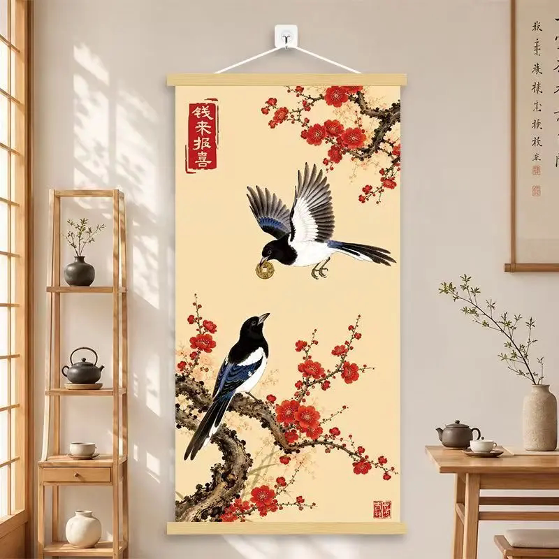 钱来报喜认准正品新中式挂画客厅玄关书房背景墙装饰卷轴实木挂图