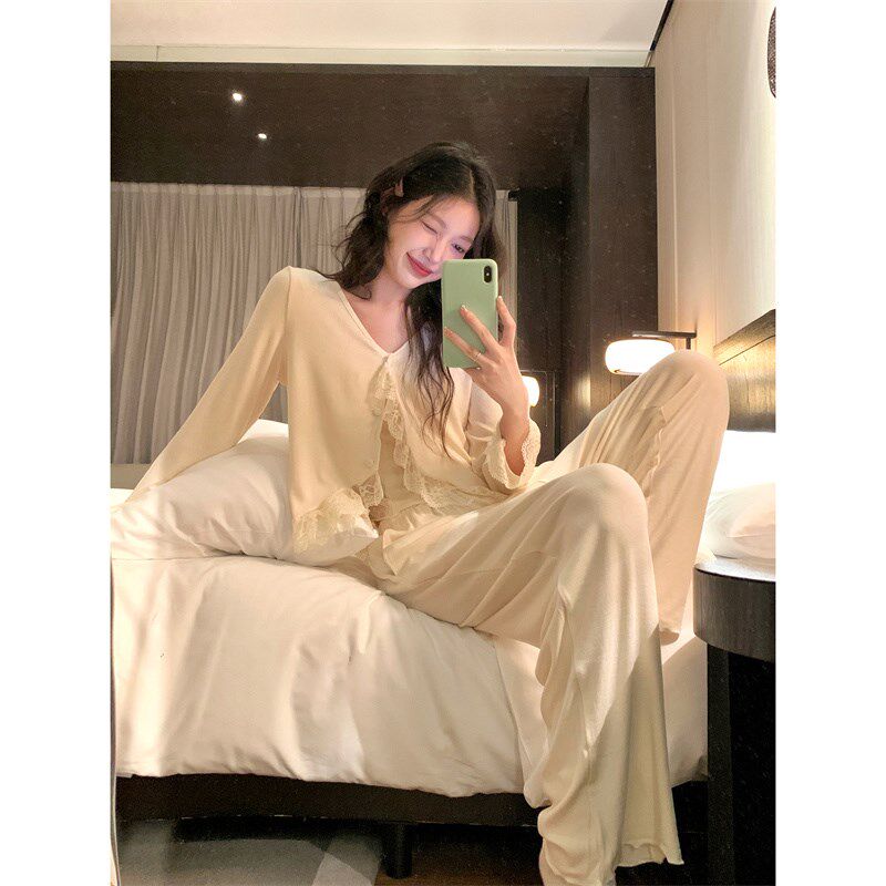 法式气质蕾丝边吊带睡衣女秋冬季性感舒适背心长裤家居服三件套装