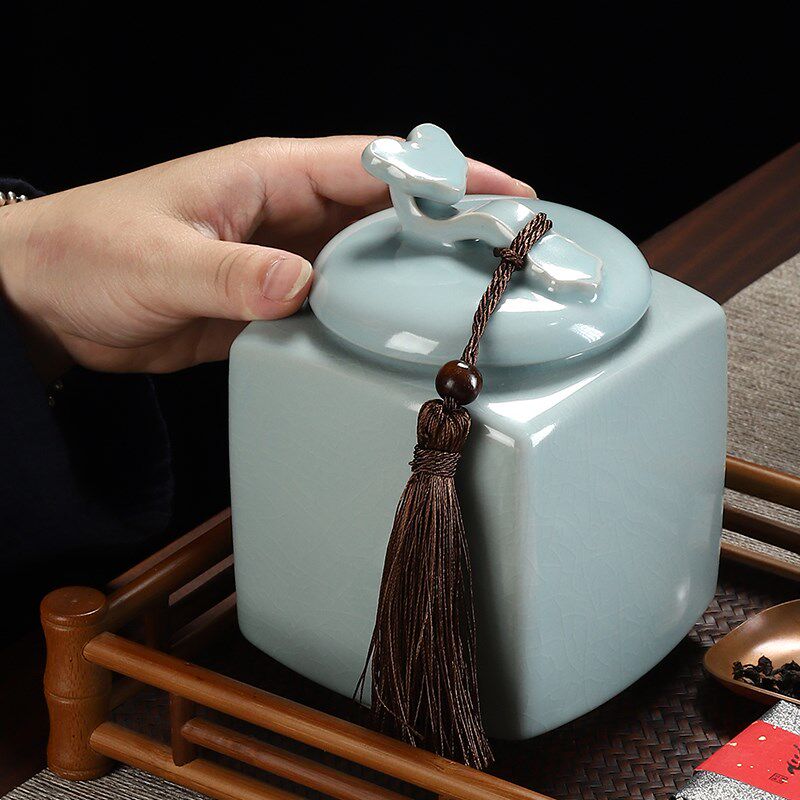 东茗堂 汝窑茶叶罐陶瓷茶罐密封储存罐精品高档包装盒空礼盒中秋