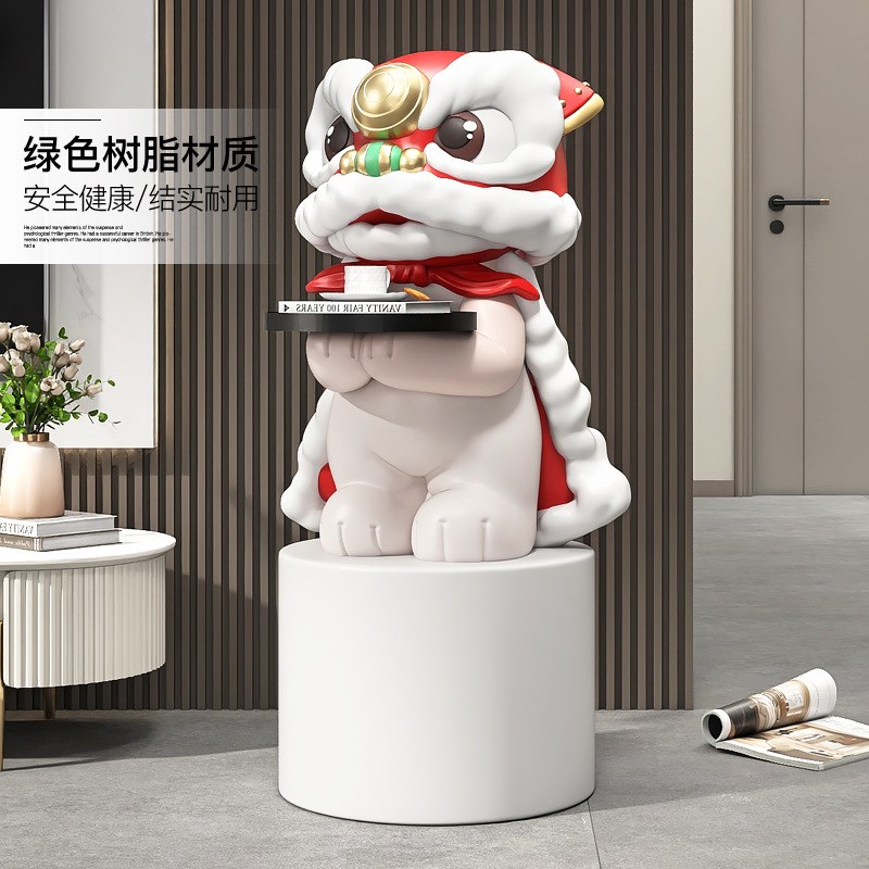 卡通国潮醒狮落地托盘摆件家居饰品客厅玄关雕塑新年开业乔迁礼物