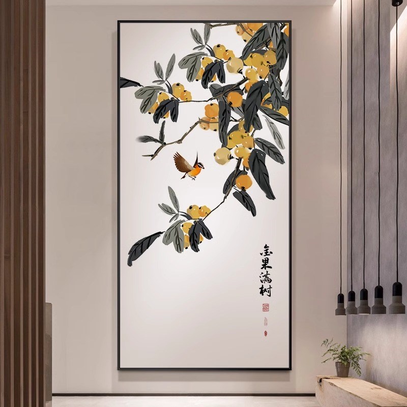 入户玄关走廊过道装饰画新中式挂画客厅背景墙画花鸟玄幻壁画竖版