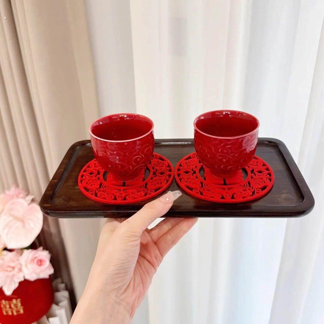 结婚红色陶瓷敬酒茶杯一对新中式主人杯家用茶盏婚礼喜庆茶具套装