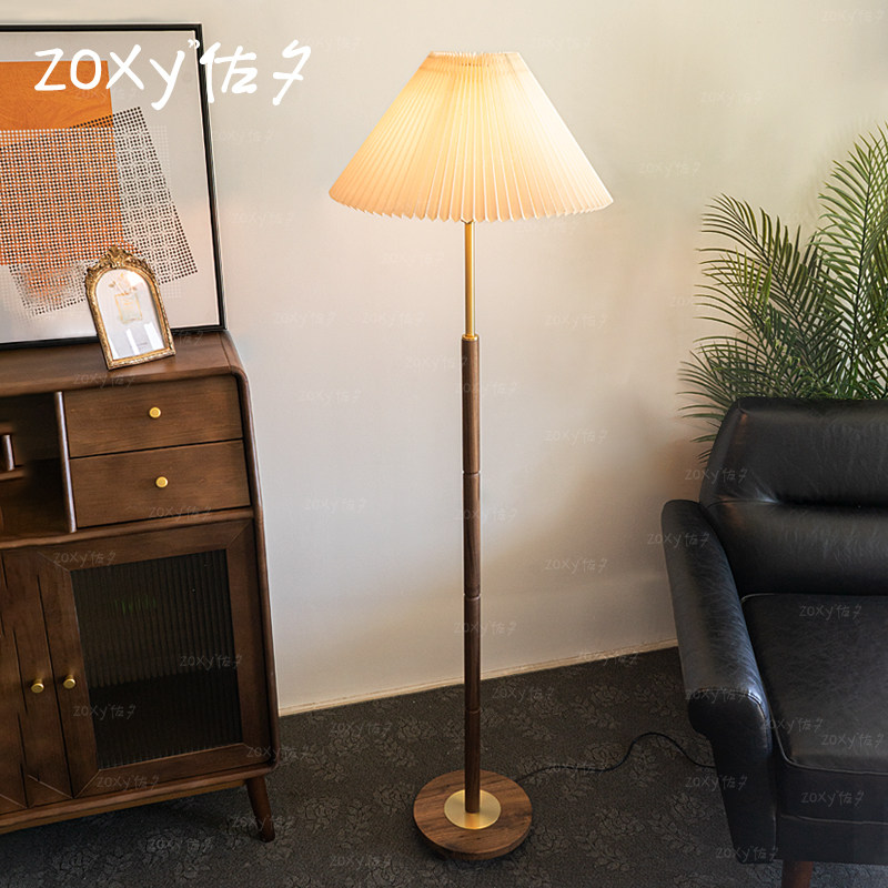 zoxy佐夕 复古vintage百褶落地灯胡桃木黄铜怀旧客厅中古卧室立灯