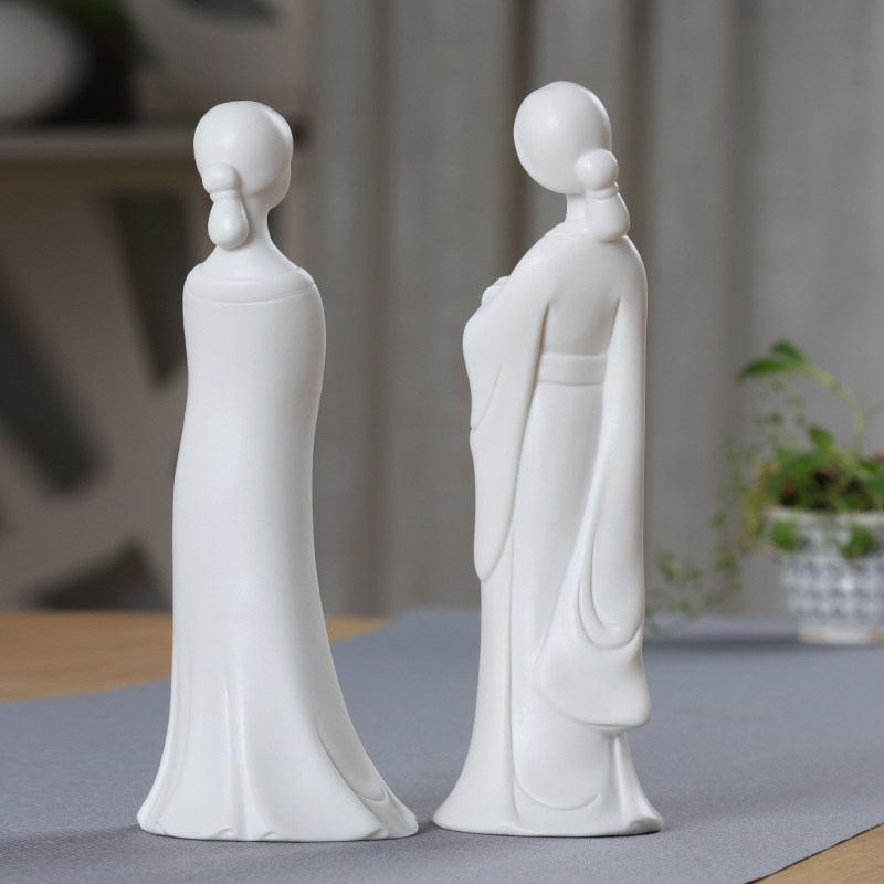 精品白瓷器手工仕女摆件创意陶瓷人物复古工艺品家居客厅古典摆件