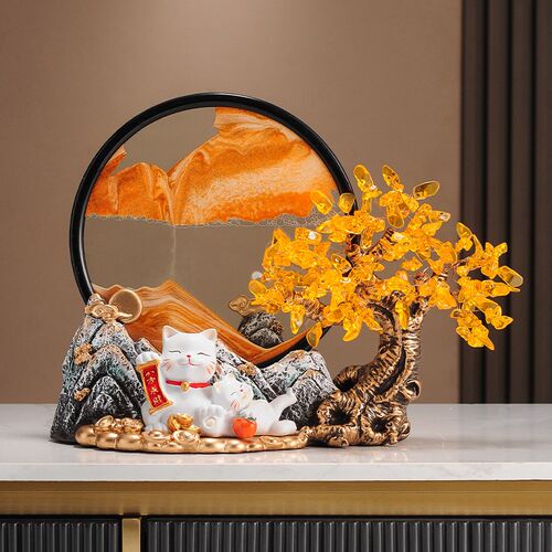 发财树招财进宝摆件招财猫流沙画办公室乔迁开业大吉礼物高档礼品