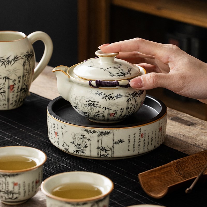 汝窑墨竹盖碗茶杯家用大号手抓壶中式功夫茶具单个高档防烫手茶壶