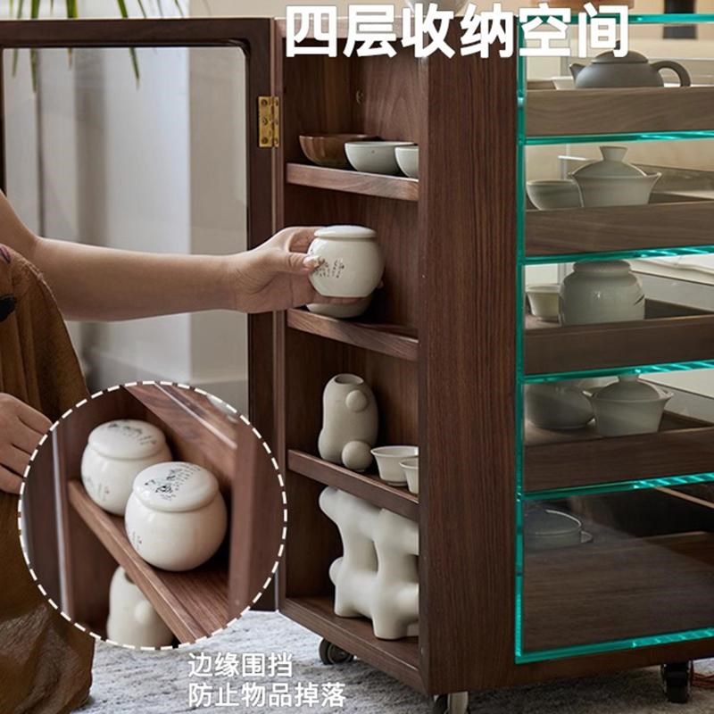 北美黑胡桃实木可移动茶水收纳茶具玻璃展示柜茶桌边柜茶台置物架