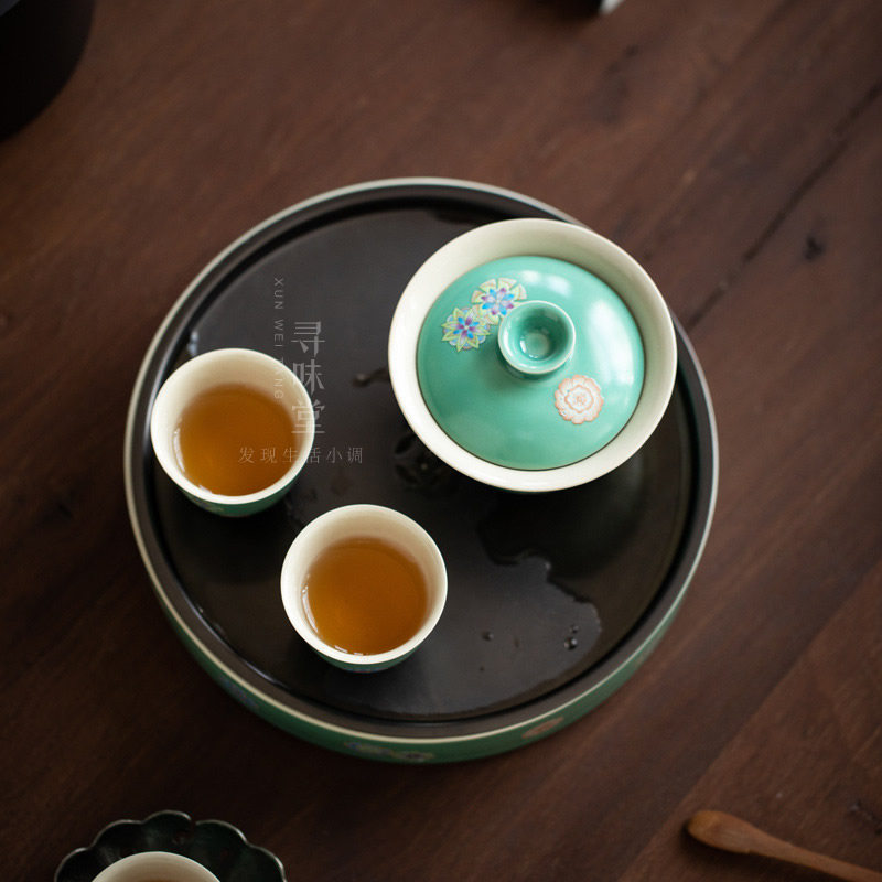 雅致皮球花壶承小茶盘简约小号陶瓷圆形干泡盘家用茶具斗彩托盘