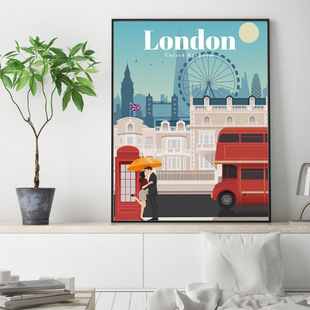 装饰画有框画海报酒吧咖啡厅海报英国巴士复古怀旧欧美古老海报