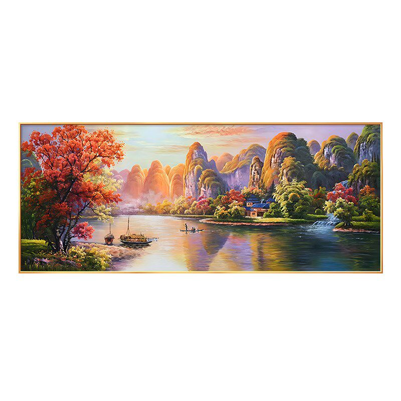 桂林山水画客厅沙发背景墙装饰画欧式风景挂画轻奢高级感手绘油画