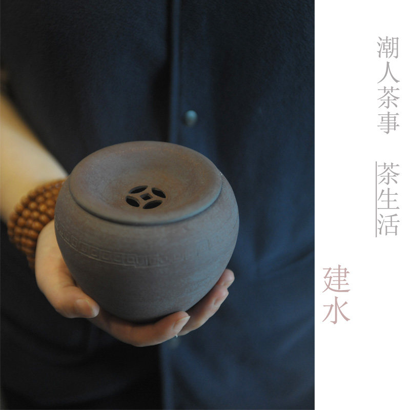 信堂粗陶建水茶渣缸带盖茶洗日式侘寂风干泡水盂茶具茶道家用渣斗