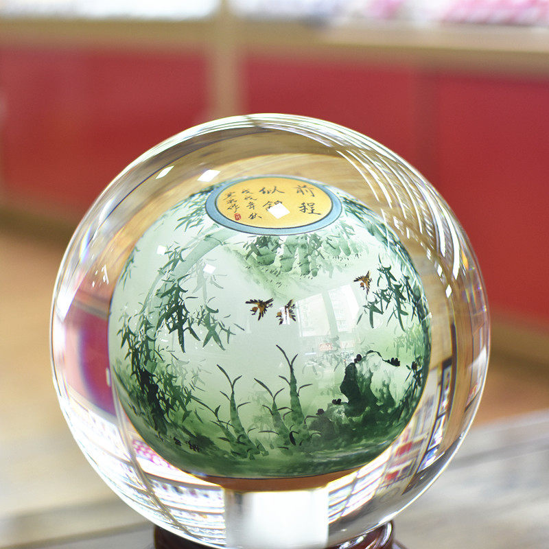 内画琉璃水晶球翠竹送领导客户礼品玻璃工艺品家居办公桌轻奢摆件