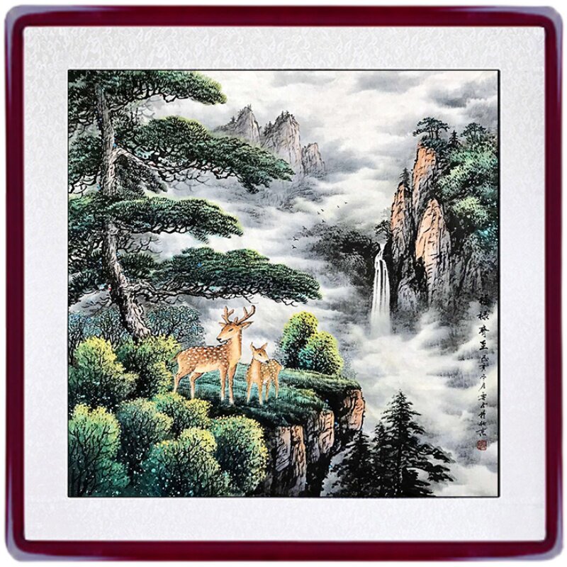 国画手绘斗方山水画水墨办公室客厅入户玄关挂画沙发正方形装饰画